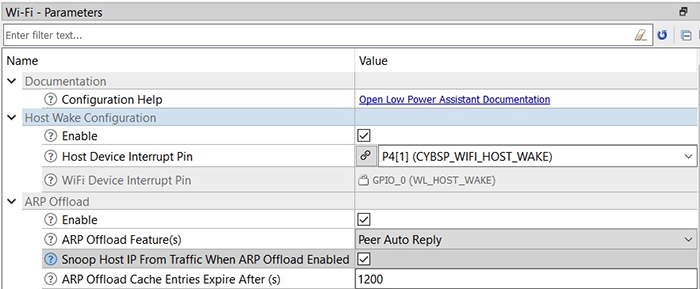 Using additional menu tabs in the Cypress Device Configurator tool, developers can enable ARP offloading and specific features such as peer auto reply. (Image source: Cypress Semiconductor)